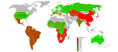 Mapa de distribución de la población con diferentes grados de intolerancia a la lactosa.